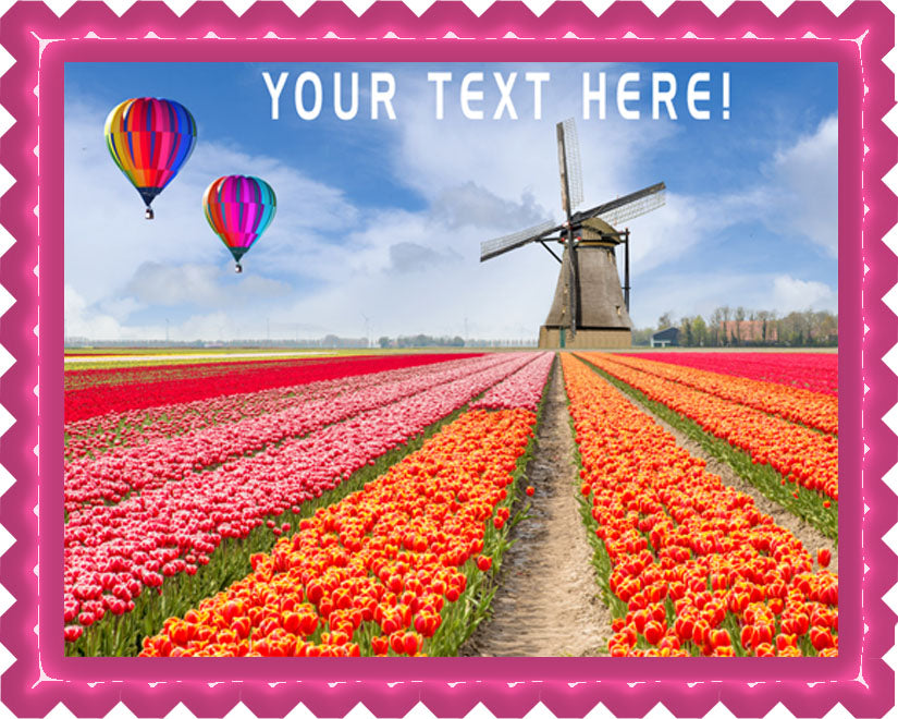 Landscape of Netherlands of Tulips with Hot Air Balloon - Edible Cake Topper, Cupcake Toppers, Strips