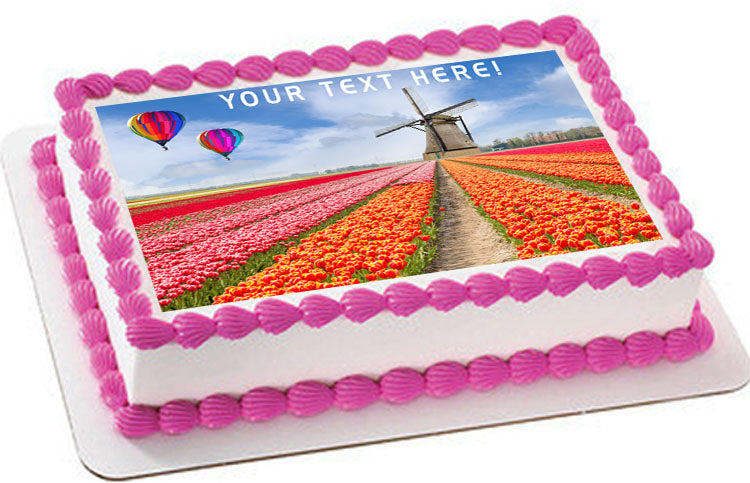 Landscape of Netherlands of Tulips with Hot Air Balloon - Edible Cake Topper, Cupcake Toppers, Strips