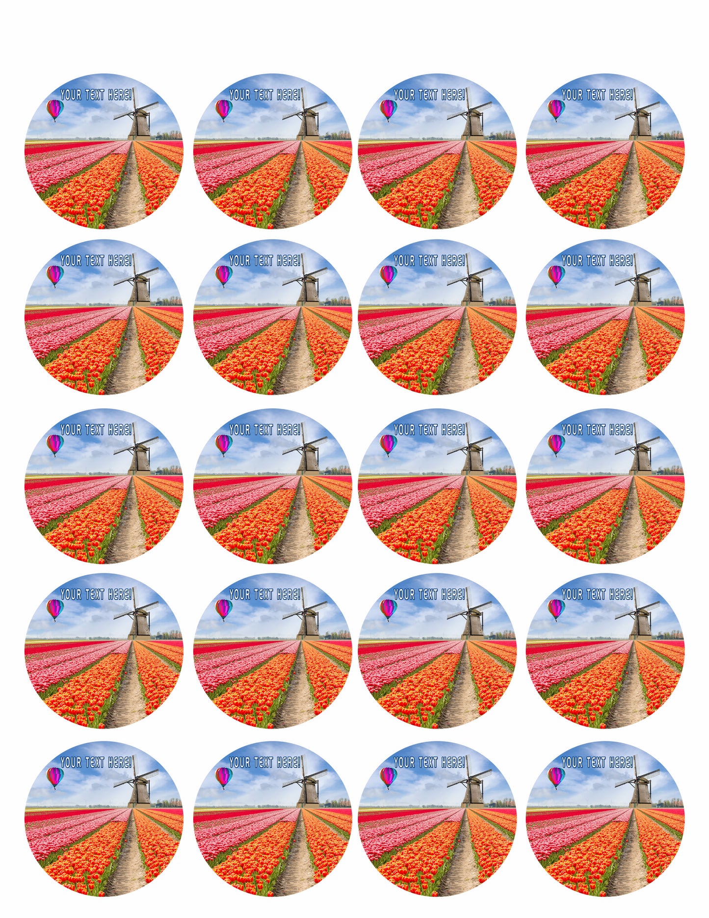 Landscape of Netherlands of Tulips with Hot Air Balloon - Edible Cake Topper, Cupcake Toppers, Strips