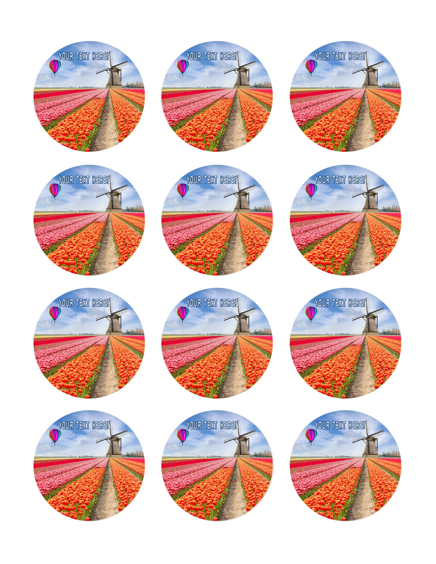 Landscape of Netherlands of Tulips with Hot Air Balloon - Edible Cake Topper, Cupcake Toppers, Strips