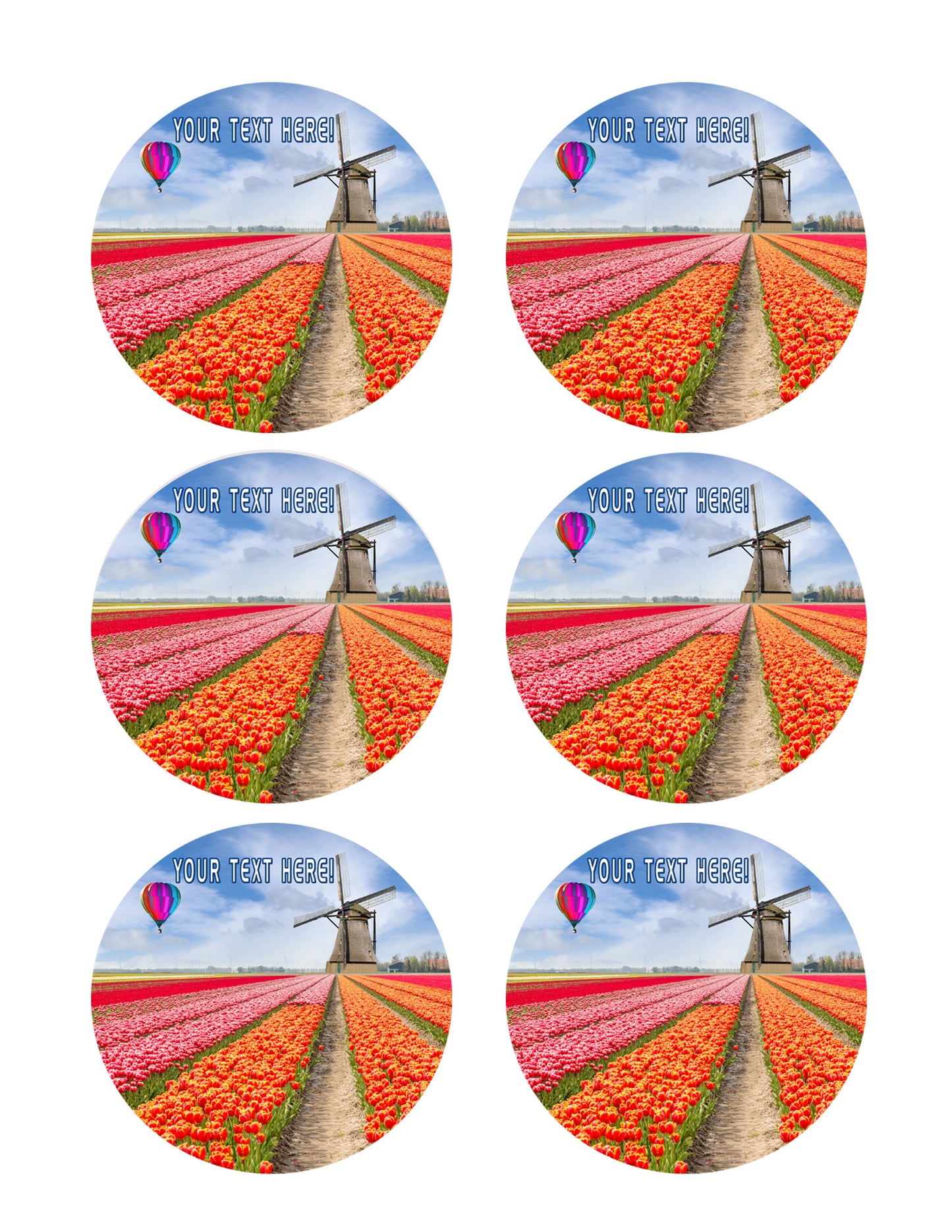 Landscape of Netherlands of Tulips with Hot Air Balloon - Edible Cake Topper, Cupcake Toppers, Strips