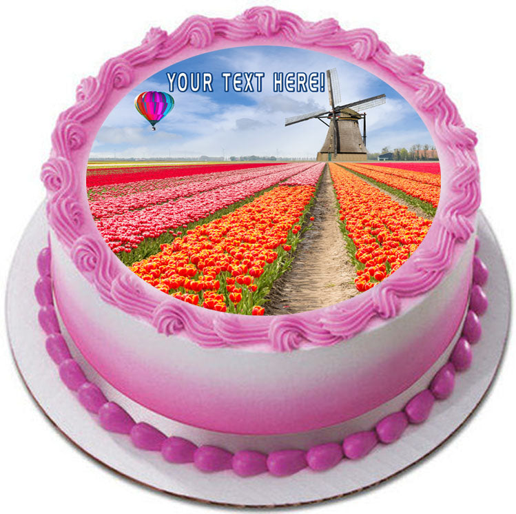 Landscape of Netherlands of Tulips with Hot Air Balloon - Edible Cake Topper, Cupcake Toppers, Strips