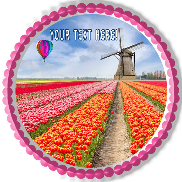 Landscape of Netherlands of Tulips with Hot Air Balloon - Edible Cake Topper, Cupcake Toppers, Strips