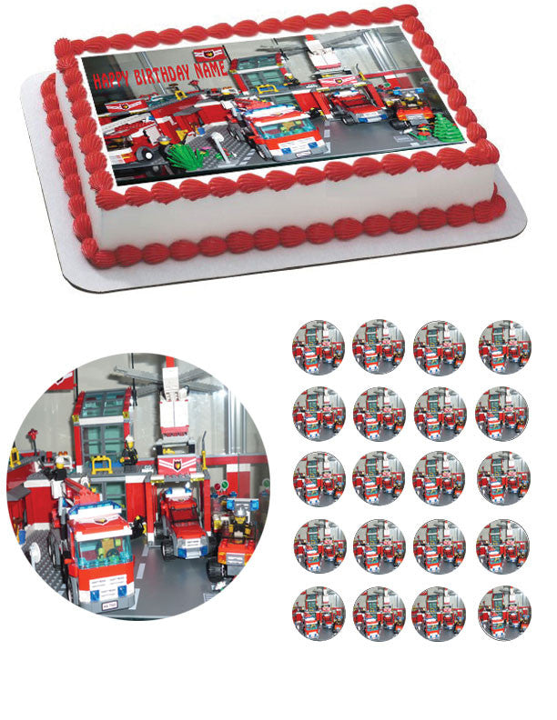 Lego City Fire.Station Edible Birthday Cake Topper OR Cupcake Topper, Decor - Edible Prints On Cake (Edible Cake &Cupcake Topper)