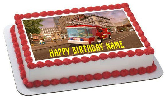 Lego City Fire Engine Edible Birthday Cake Topper OR Cupcake Topper, Decor - Edible Prints On Cake (Edible Cake &Cupcake Topper)