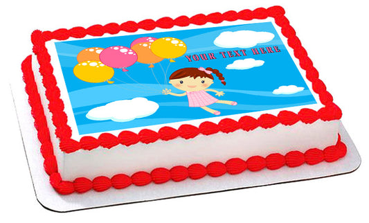 Little girl flying with baloons - Edible Cake Topper, Cupcake Toppers, Strips