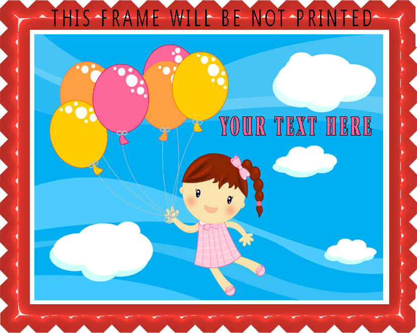 Little girl flying with baloons - Edible Cake Topper, Cupcake Toppers, Strips