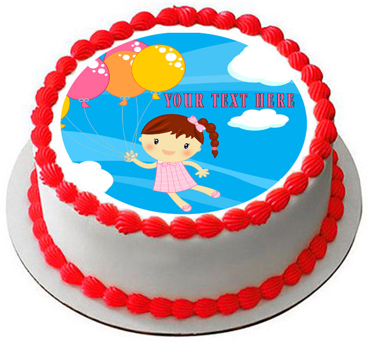 Little girl flying with baloons - Edible Cake Topper, Cupcake Toppers, Strips