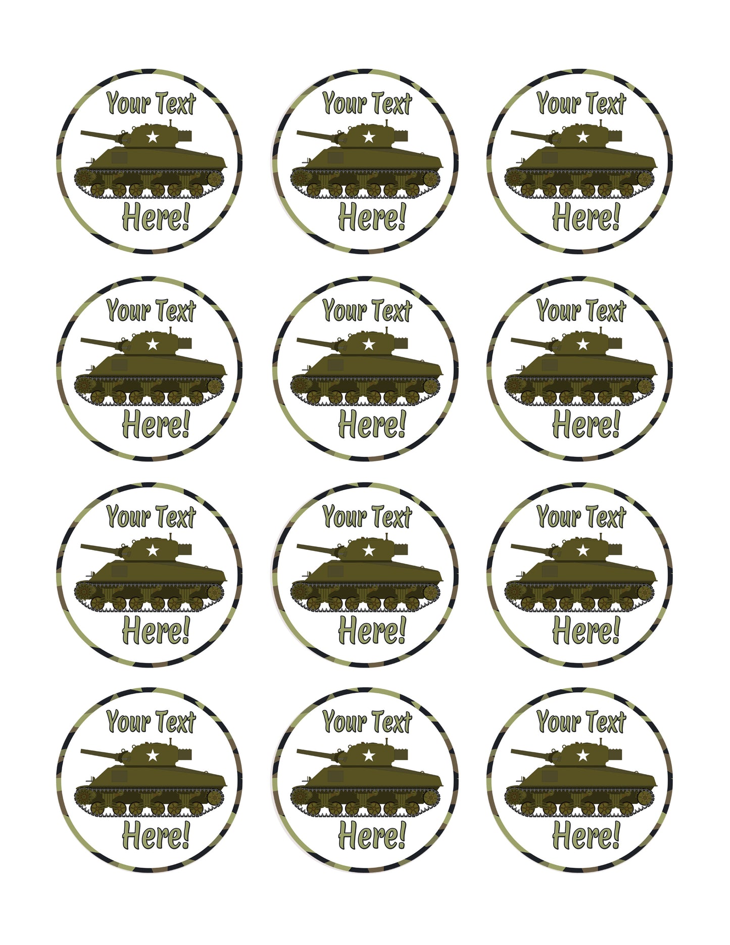 Military Sherman Tank - Edible Cake Topper, Cupcake Toppers, Strips