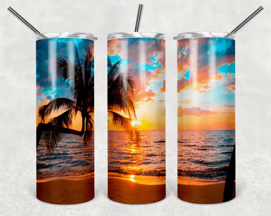 Beach Sunset Tumbler 20 oz Skinny Tumbler with Lid and Straw, Insulated Skinny Tumbler, 20 oz Water Cup