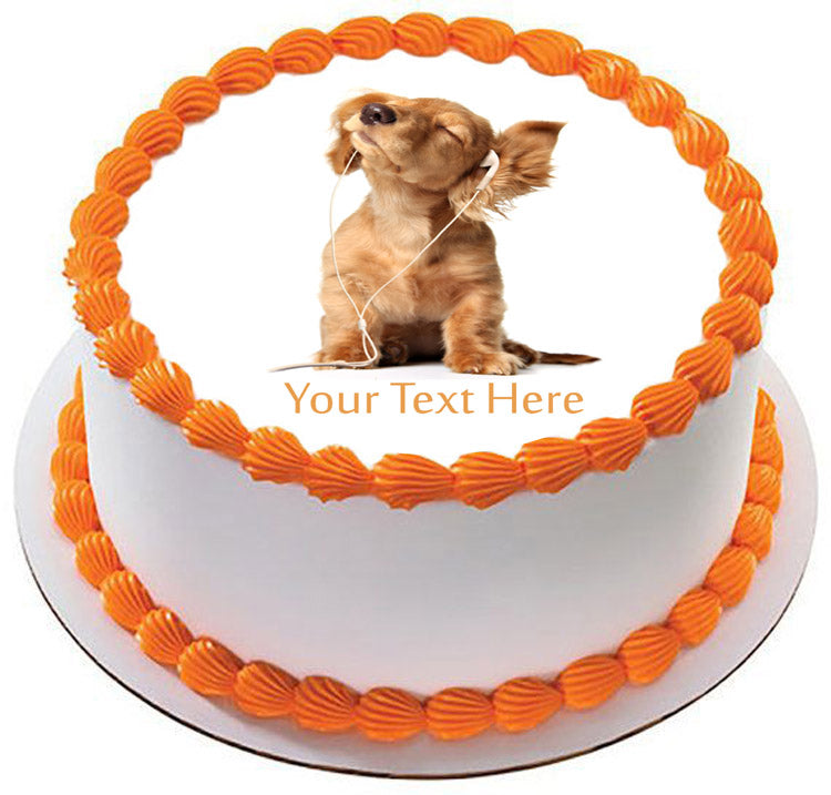 Young puppy listening to music - Edible Cake Topper, Cupcake Toppers, Strips