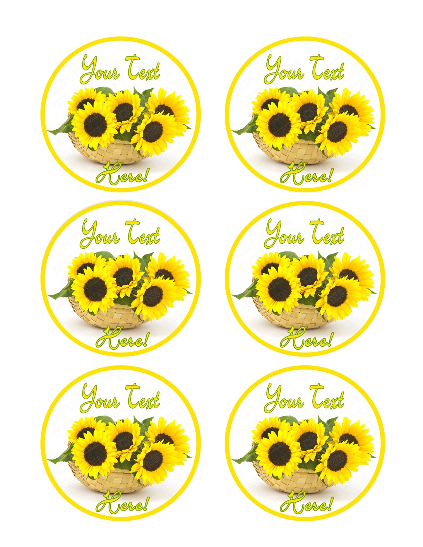 Sunflower in a Basket - Edible Cake Topper, Cupcake Toppers, Strips