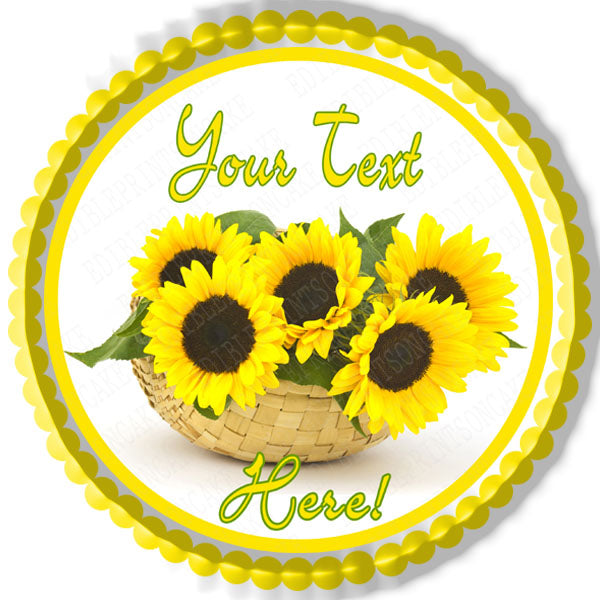 Sunflower in a Basket - Edible Cake Topper, Cupcake Toppers, Strips