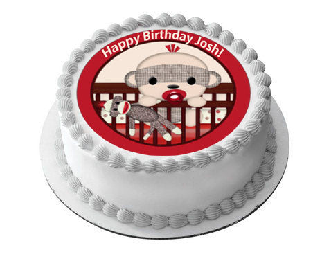 SOCK MONKEY THEME Red Edible Birthday Cake Topper OR Cupcake Topper, Decor - Edible Prints On Cake (Edible Cake &Cupcake Topper)