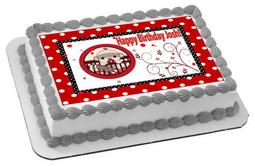 SOCK MONKEY THEME Red Edible Birthday Cake Topper OR Cupcake Topper, Decor - Edible Prints On Cake (Edible Cake &Cupcake Topper)