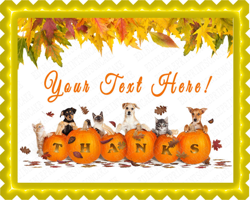 Thanksgiving Dogs and Cats With Falling Leaves - Edible Cake Topper OR Cupcake Topper, Decor