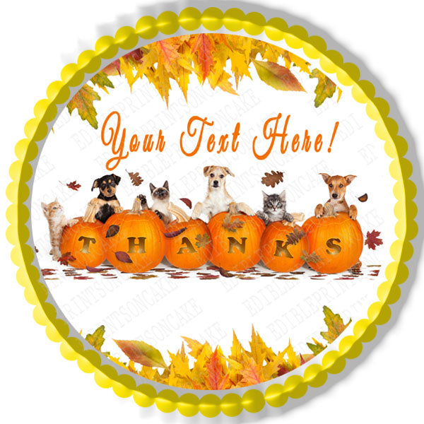 Thanksgiving Dogs and Cats With Falling Leaves - Edible Cake Topper OR Cupcake Topper, Decor