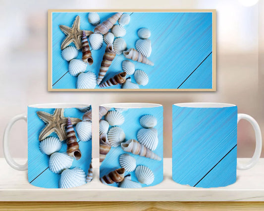 The Sea Shells on a Blue Wooden Mug, Birthday Gift, Custom Mug Gift for Mom, Anniversary Gift for Her/Him, Valentine's day gifts