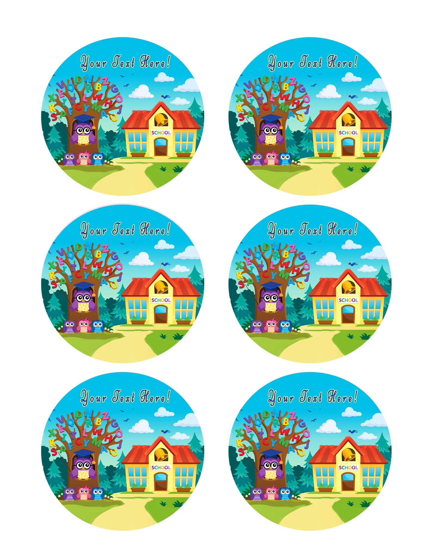 Tree with Stylized School Owl - Edible Cake Topper, Cupcake Toppers, Strips