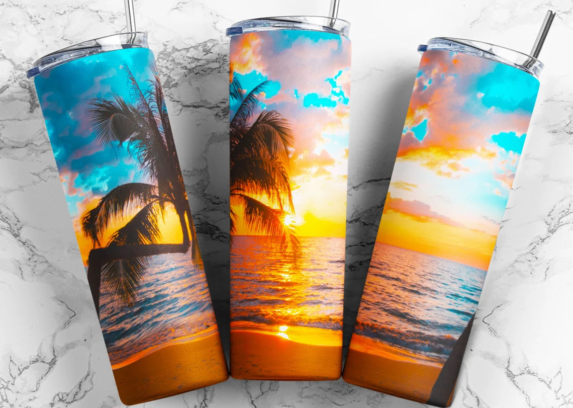 Beach Sunset Tumbler 20 oz Skinny Tumbler with Lid and Straw, Insulated Skinny Tumbler, 20 oz Water Cup