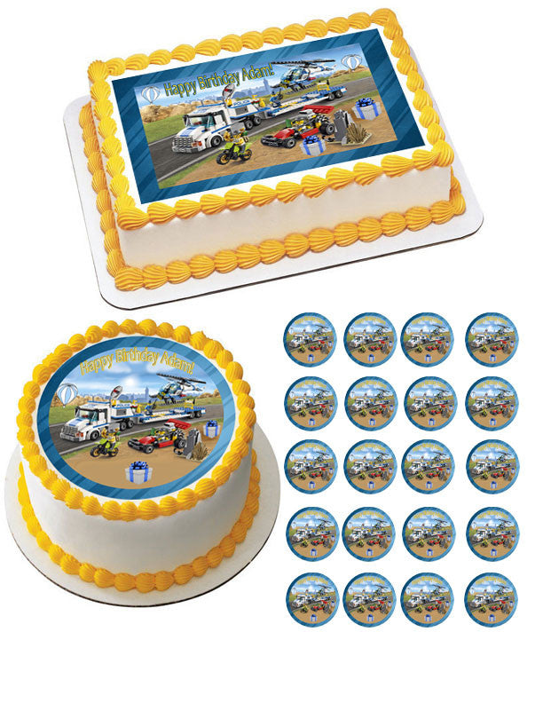 Helicopter Transporter Lego Edible Birthday Cake Topper OR Cupcake Topper, Decor - Edible Prints On Cake (Edible Cake &Cupcake Topper)