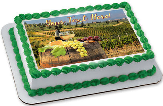 White Wine with Barrel on Vineyard - Edible Cake Topper, Cupcake Toppers, Strips