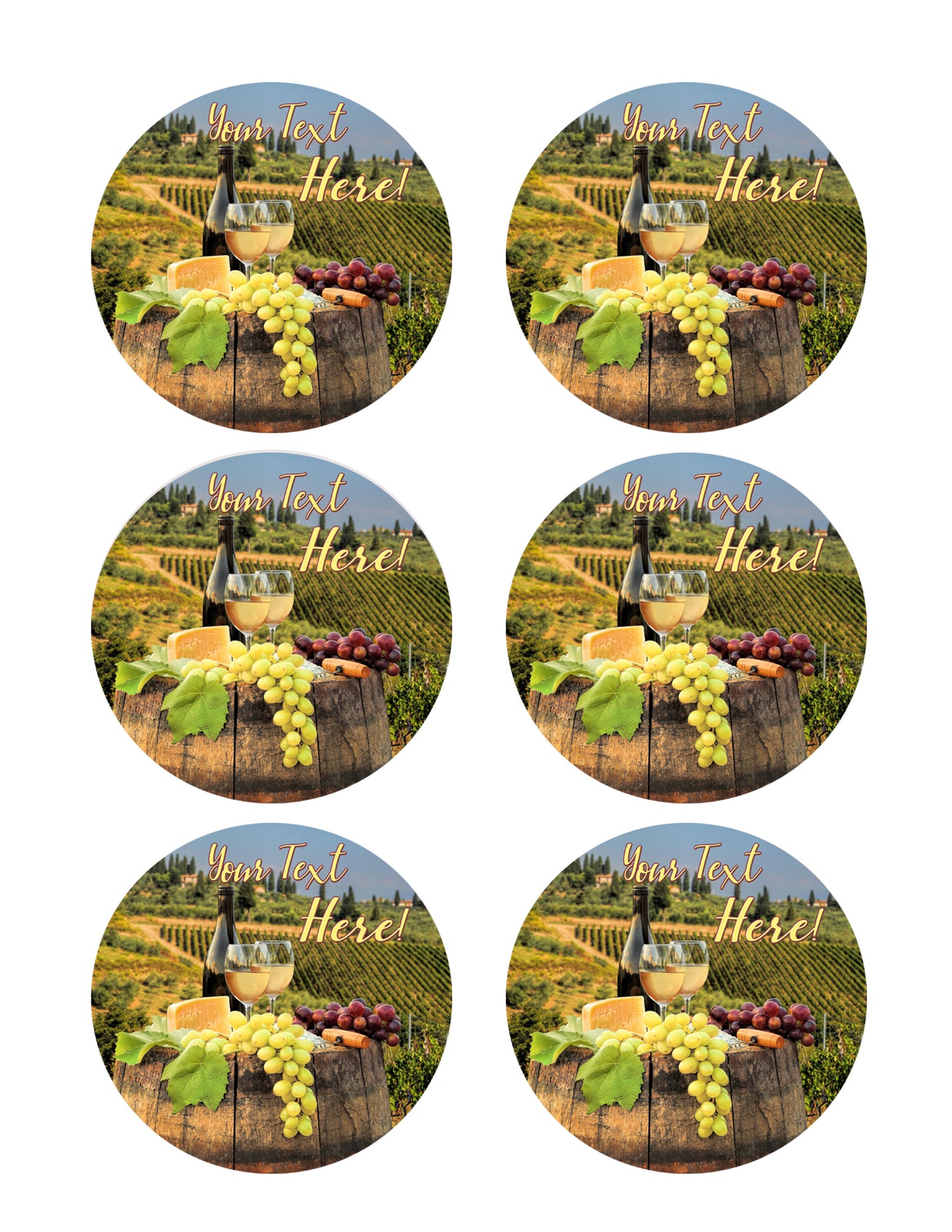 White Wine with Barrel on Vineyard - Edible Cake Topper, Cupcake Toppers, Strips
