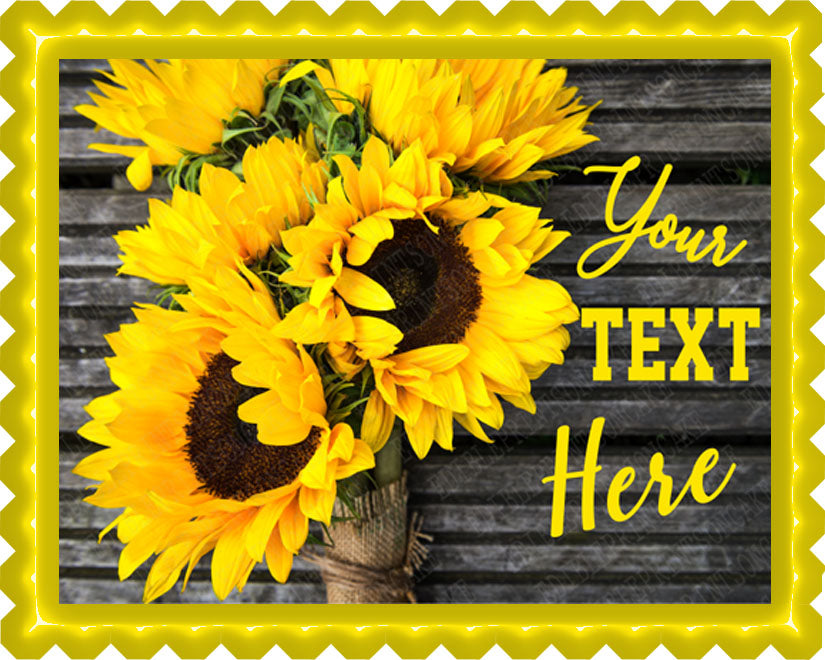 Yellow Sunflower Bouquet on Wooden Rustic (Nr2) - Edible Cake Topper, Cupcake Toppers, Strips