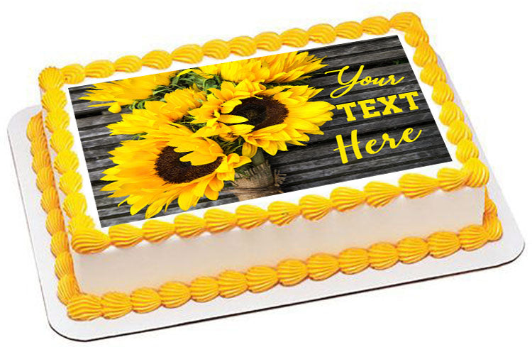 Yellow Sunflower Bouquet on Wooden Rustic (Nr2) - Edible Cake Topper, Cupcake Toppers, Strips