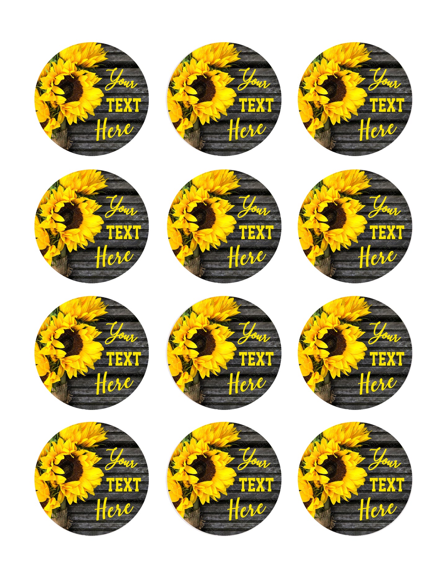 Yellow Sunflower Bouquet on Wooden Rustic (Nr2) - Edible Cake Topper, Cupcake Toppers, Strips