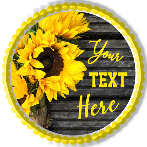 Yellow Sunflower Bouquet on Wooden Rustic (Nr2) - Edible Cake Topper, Cupcake Toppers, Strips