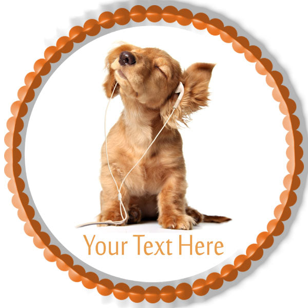 Young puppy listening to music - Edible Cake Topper, Cupcake Toppers, Strips